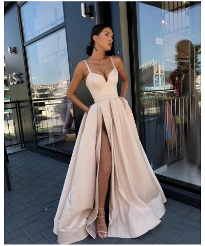 Women's Satin Prom Dresses Long Ball Gown V Neck High Slit Ruched Corset Formal Party Dress with Pockets Black $36.00 Dresses