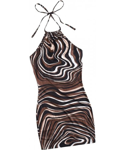 Women's Sleeveless Halter Neck Backless Marble Print Bodycon Mini Dress Multicolor $13.47 Dresses