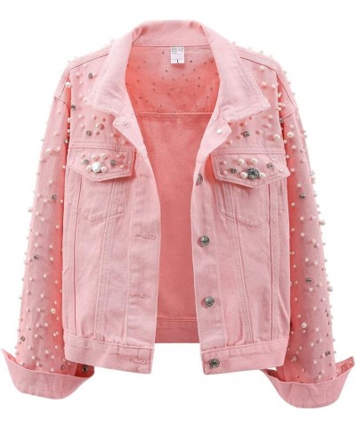 Women's Embroidered Pearls Rivet Denim Jacket Casual Loose Short Jean Coat Pink $22.87 Jackets