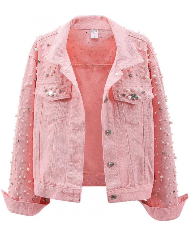 Women's Embroidered Pearls Rivet Denim Jacket Casual Loose Short Jean Coat Pink $22.87 Jackets