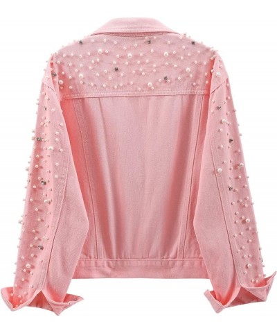 Women's Embroidered Pearls Rivet Denim Jacket Casual Loose Short Jean Coat Pink $22.87 Jackets