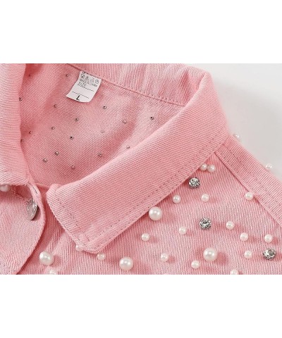 Women's Embroidered Pearls Rivet Denim Jacket Casual Loose Short Jean Coat Pink $22.87 Jackets