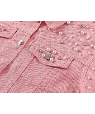 Women's Embroidered Pearls Rivet Denim Jacket Casual Loose Short Jean Coat Pink $22.87 Jackets