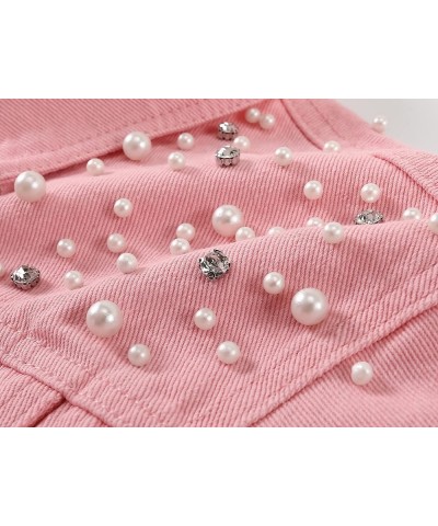 Women's Embroidered Pearls Rivet Denim Jacket Casual Loose Short Jean Coat Pink $22.87 Jackets