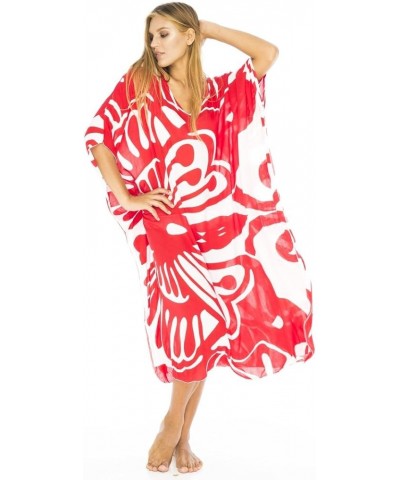 Womens Swimsuit Cover Up Long Maxi Beach Kaftan Flowy Boho Loose Tunic Dress Rayon Red Butterfly Swirls $24.72 Swimsuits