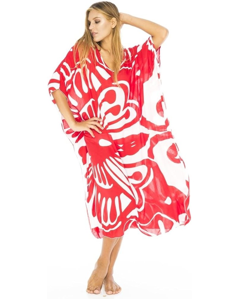 Womens Swimsuit Cover Up Long Maxi Beach Kaftan Flowy Boho Loose Tunic Dress Rayon Red Butterfly Swirls $24.72 Swimsuits