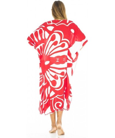 Womens Swimsuit Cover Up Long Maxi Beach Kaftan Flowy Boho Loose Tunic Dress Rayon Red Butterfly Swirls $24.72 Swimsuits