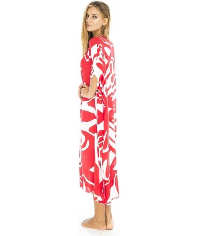 Womens Swimsuit Cover Up Long Maxi Beach Kaftan Flowy Boho Loose Tunic Dress Rayon Red Butterfly Swirls $24.72 Swimsuits