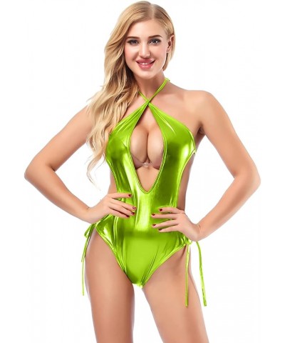 Sexy Metallic One Piece Swimsuit Women Halter Hollow Out Teddy Swimwear Fluorescent Green $9.35 Swimsuits