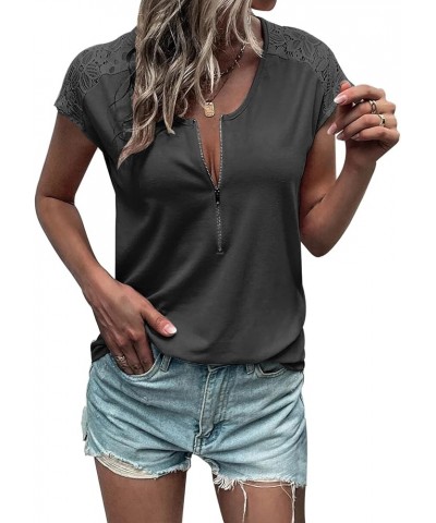 Women Summer Tops Loose Fit Lace Causual Crewneck Short Sleeves T-Shirt Dark Grey $11.70 T-Shirts