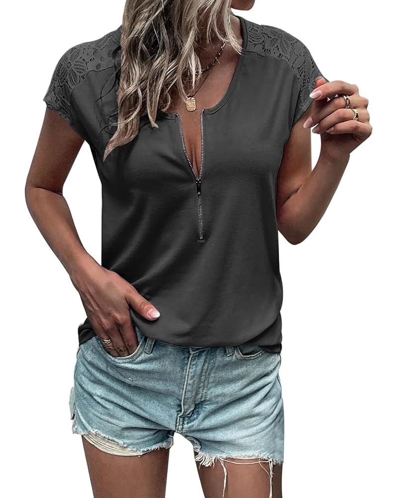 Women Summer Tops Loose Fit Lace Causual Crewneck Short Sleeves T-Shirt Dark Grey $11.70 T-Shirts