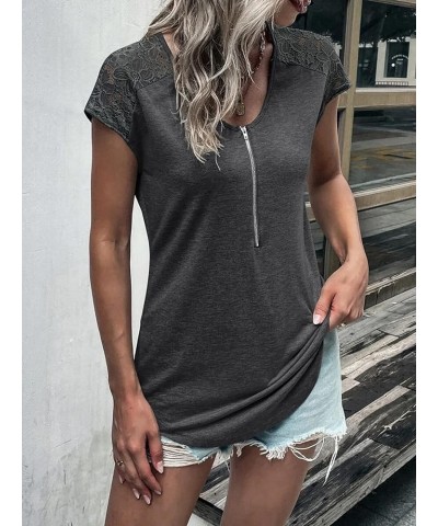 Women Summer Tops Loose Fit Lace Causual Crewneck Short Sleeves T-Shirt Dark Grey $11.70 T-Shirts