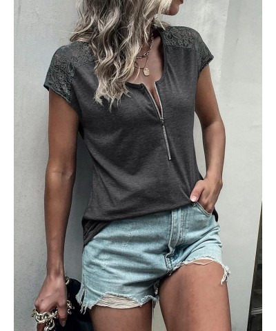 Women Summer Tops Loose Fit Lace Causual Crewneck Short Sleeves T-Shirt Dark Grey $11.70 T-Shirts