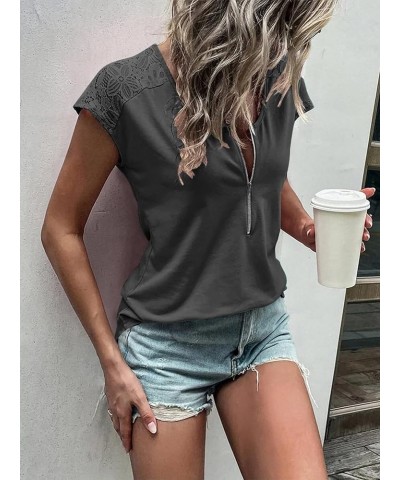 Women Summer Tops Loose Fit Lace Causual Crewneck Short Sleeves T-Shirt Dark Grey $11.70 T-Shirts