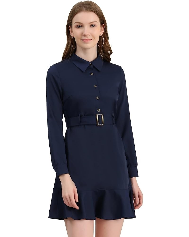 Women's Belted Ruffle Hem Point Collar Button Down Shirt Dress Dark Blue $17.00 Dresses