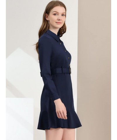 Women's Belted Ruffle Hem Point Collar Button Down Shirt Dress Dark Blue $17.00 Dresses