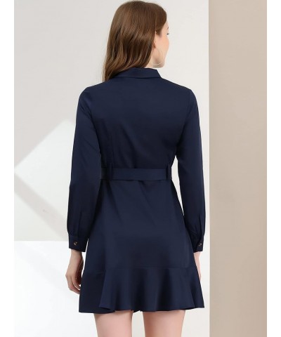 Women's Belted Ruffle Hem Point Collar Button Down Shirt Dress Dark Blue $17.00 Dresses