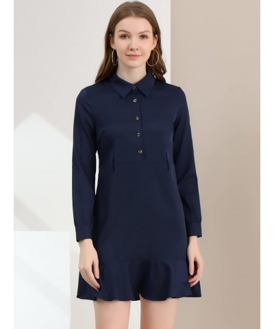 Women's Belted Ruffle Hem Point Collar Button Down Shirt Dress Dark Blue $17.00 Dresses