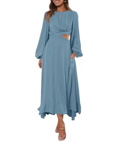 Women's Long Sleeve Midi Dress Cutout Elastic High Waist A Line Maxi Party Dress with Pockets Blue $28.04 Dresses