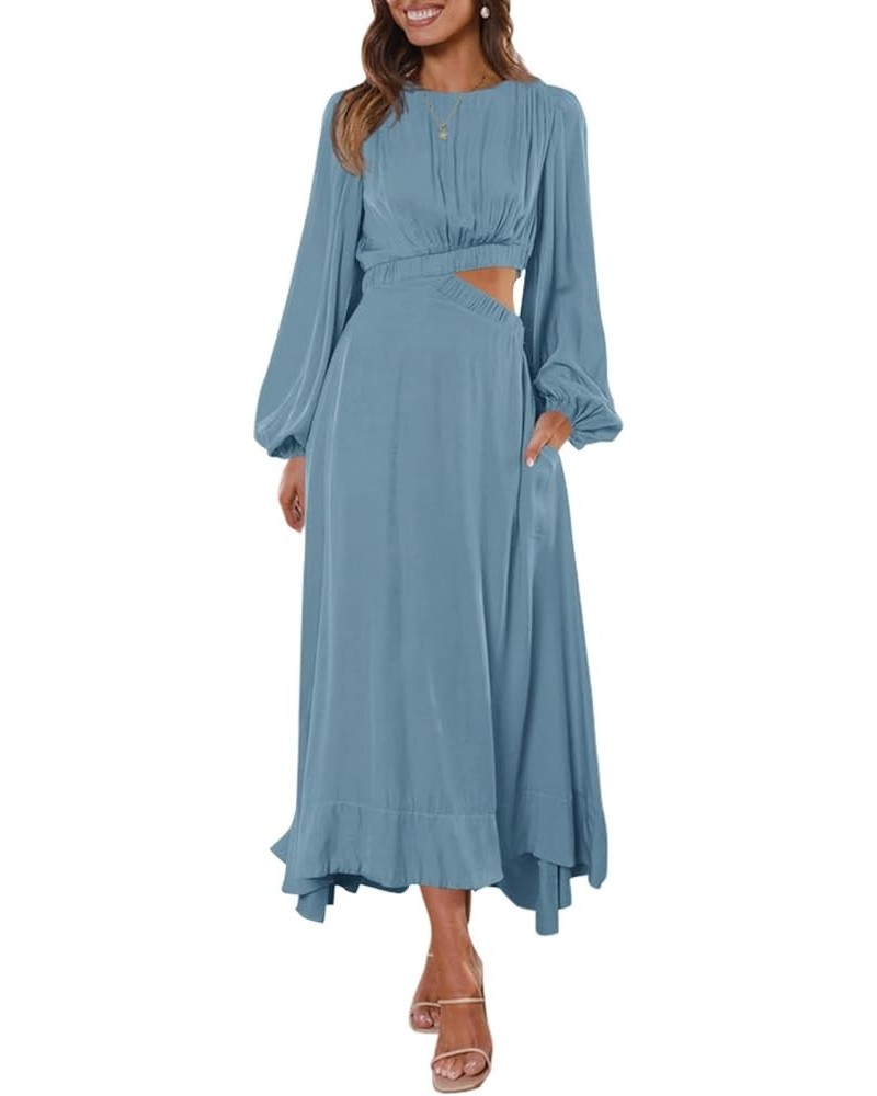 Women's Long Sleeve Midi Dress Cutout Elastic High Waist A Line Maxi Party Dress with Pockets Blue $28.04 Dresses