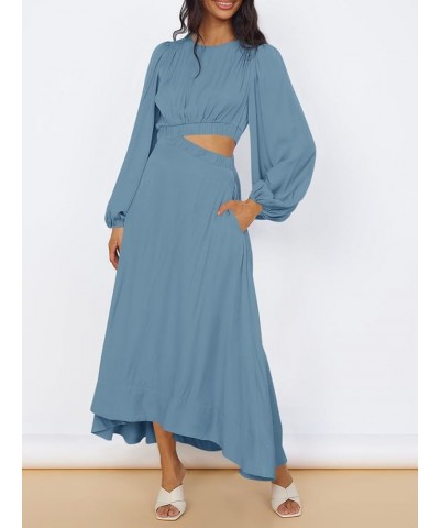 Women's Long Sleeve Midi Dress Cutout Elastic High Waist A Line Maxi Party Dress with Pockets Blue $28.04 Dresses