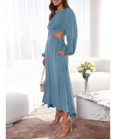 Women's Long Sleeve Midi Dress Cutout Elastic High Waist A Line Maxi Party Dress with Pockets Blue $28.04 Dresses