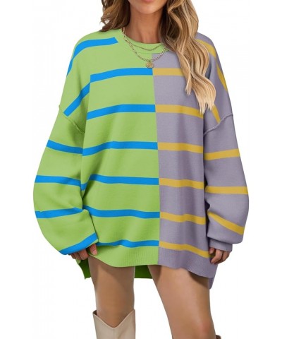 Women's 2024 Striped Oversized Sweater Long Sleeve Color Block Casual Knit Pullover Top Green $26.54 Sweaters