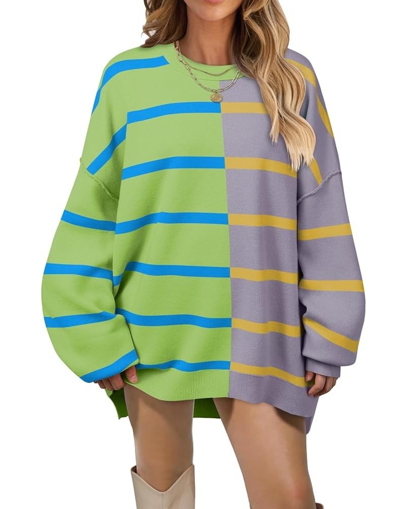 Women's 2024 Striped Oversized Sweater Long Sleeve Color Block Casual Knit Pullover Top Green $26.54 Sweaters