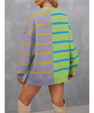 Women's 2024 Striped Oversized Sweater Long Sleeve Color Block Casual Knit Pullover Top Green $26.54 Sweaters