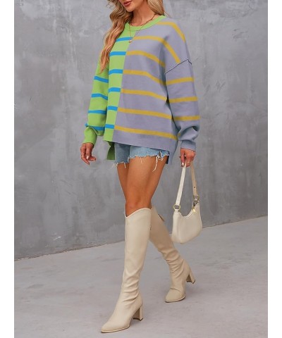 Women's 2024 Striped Oversized Sweater Long Sleeve Color Block Casual Knit Pullover Top Green $26.54 Sweaters