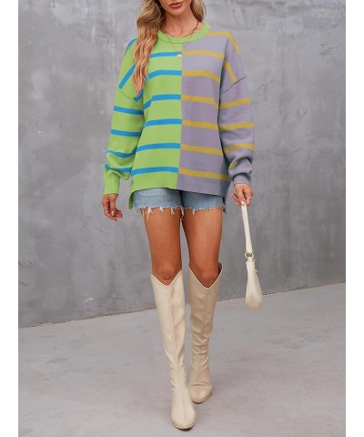 Women's 2024 Striped Oversized Sweater Long Sleeve Color Block Casual Knit Pullover Top Green $26.54 Sweaters