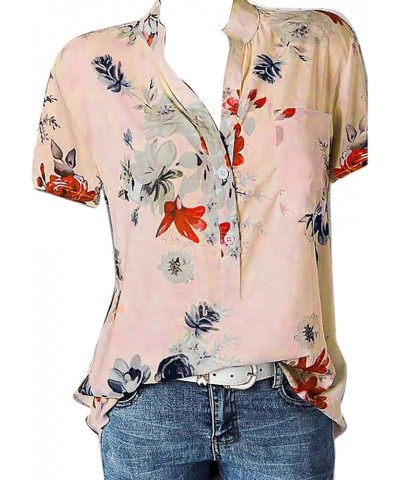 Vintage Shirts for Women V Neck Button Up Henley Shirts Floral Short Sleeve Tops Summer Plus Size Loose Casual Blouse A- Pink...