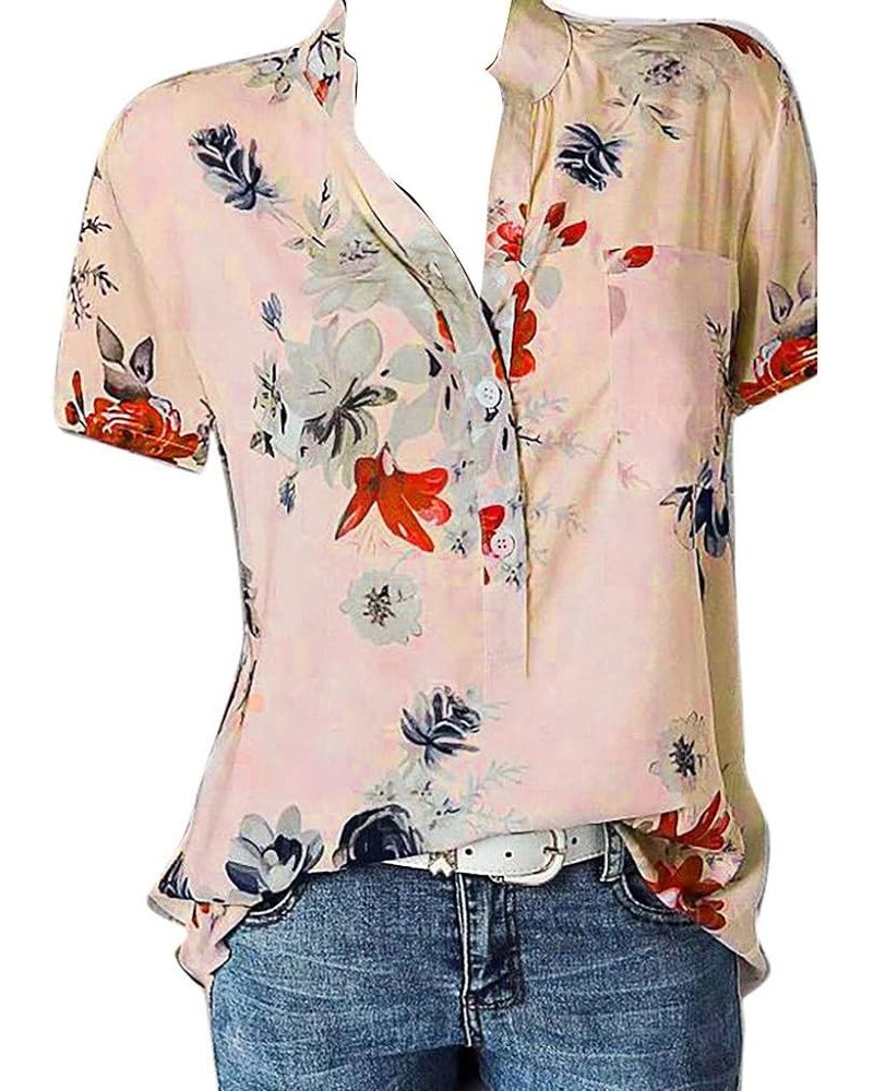 Vintage Shirts for Women V Neck Button Up Henley Shirts Floral Short Sleeve Tops Summer Plus Size Loose Casual Blouse A- Pink...