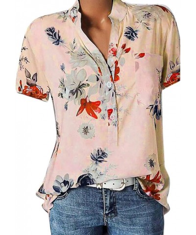 Vintage Shirts for Women V Neck Button Up Henley Shirts Floral Short Sleeve Tops Summer Plus Size Loose Casual Blouse A- Pink...