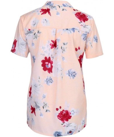 Vintage Shirts for Women V Neck Button Up Henley Shirts Floral Short Sleeve Tops Summer Plus Size Loose Casual Blouse A- Pink...