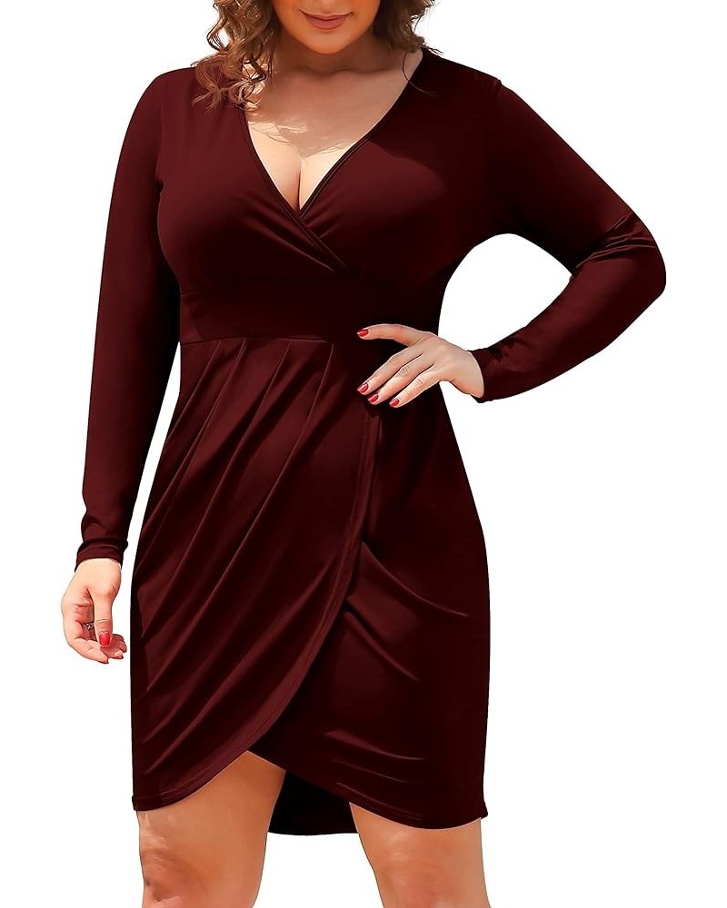 Womens Plus Size Short Long Sleeve Deep V Neck Bodycon Wrap Dresses with Front Slit Dark Red $10.59 Dresses