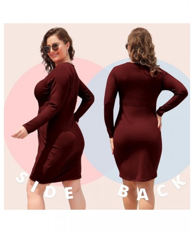 Womens Plus Size Short Long Sleeve Deep V Neck Bodycon Wrap Dresses with Front Slit Dark Red $10.59 Dresses