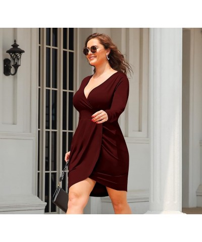 Womens Plus Size Short Long Sleeve Deep V Neck Bodycon Wrap Dresses with Front Slit Dark Red $10.59 Dresses