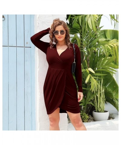 Womens Plus Size Short Long Sleeve Deep V Neck Bodycon Wrap Dresses with Front Slit Dark Red $10.59 Dresses