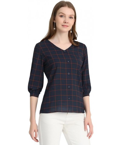 Women's Check Tops V Neck Blouses Summer 3/4 Sleeves Work Plaid Shirt Dark Blue $12.96 Blouses