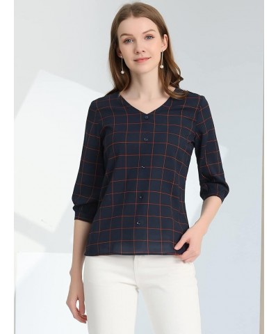 Women's Check Tops V Neck Blouses Summer 3/4 Sleeves Work Plaid Shirt Dark Blue $12.96 Blouses