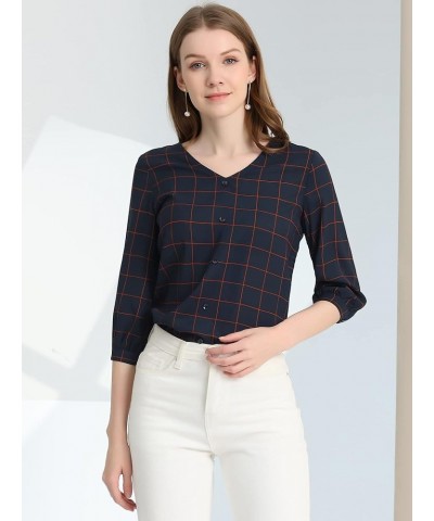 Women's Check Tops V Neck Blouses Summer 3/4 Sleeves Work Plaid Shirt Dark Blue $12.96 Blouses