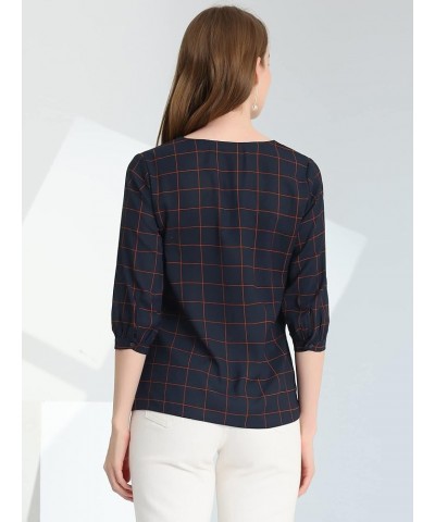 Women's Check Tops V Neck Blouses Summer 3/4 Sleeves Work Plaid Shirt Dark Blue $12.96 Blouses