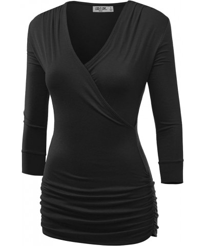 Women's 3/4 Sleeve Cross Front Wrapped V Neck Top S-3XL Wt1255_black $9.56 Tops