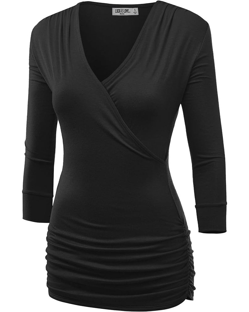 Women's 3/4 Sleeve Cross Front Wrapped V Neck Top S-3XL Wt1255_black $9.56 Tops