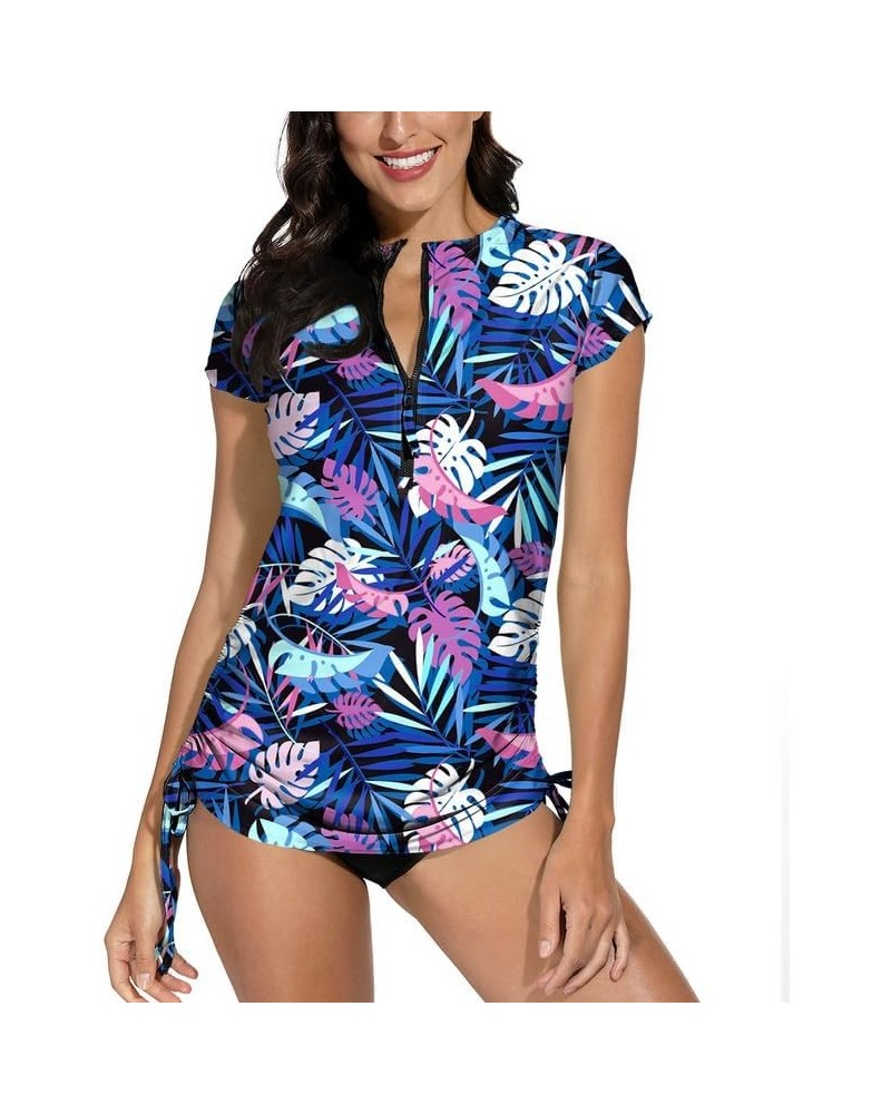 Women's UV Protection Half Zip Adjustable Short Sleeve Rash Guard Multi Leaf $14.85 Swimsuits