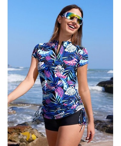 Women's UV Protection Half Zip Adjustable Short Sleeve Rash Guard Multi Leaf $14.85 Swimsuits