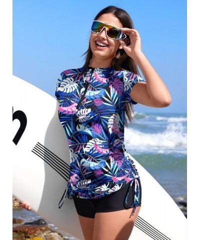 Women's UV Protection Half Zip Adjustable Short Sleeve Rash Guard Multi Leaf $14.85 Swimsuits