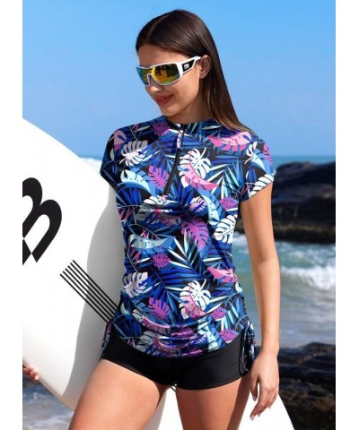 Women's UV Protection Half Zip Adjustable Short Sleeve Rash Guard Multi Leaf $14.85 Swimsuits