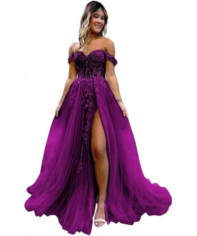 Off The Shoulder Tulle Prom Dress for Women Laces Appliques Sequin A Line Formal Dresses with Slit Plum $35.28 Dresses